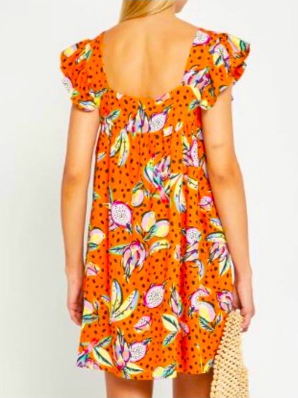 Kourt Women's Orange Fruit Print  Square-Neck Mini Dress with Flutter Sleeves - Picture 2 of 16